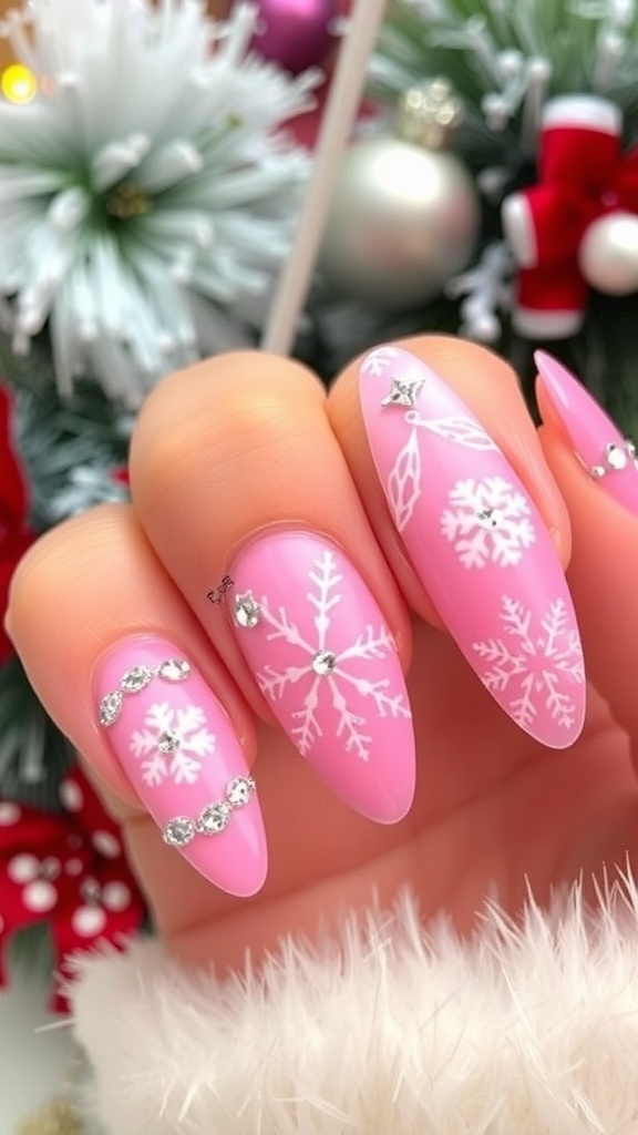 Close-up of pink acrylic nails with snowflake designs and rhinestones for Christmas.